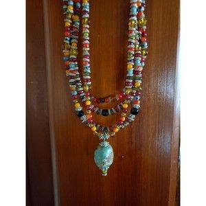 Vintage Turquoise Necklace Colorful Glass Beaded 4 Layer Jewelry